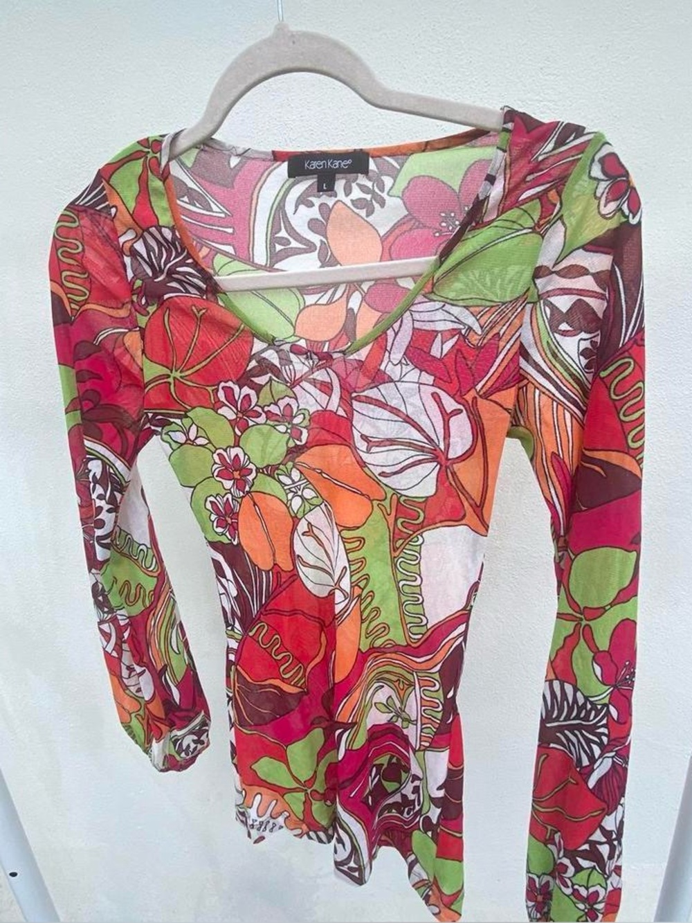 Y2K Fruit Punch Red Multicolor Floral Micro Mesh Top Size Large